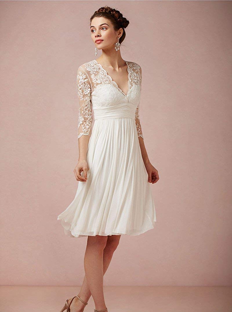 Vestido de Novia Encaje Chiffon Corto Vestido de Novia de Letra a Manga Larga, Marfil, 46