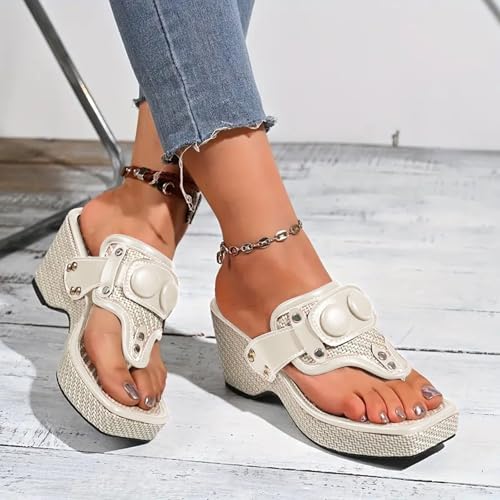 ZSpzx Woman's Square Toe Open Toe Thong Sandals Comfortable Trendy European T Shaped Straps Studded Accessories Insoles Thick Wedge Heels 2025 Vacation Indoor Outdoor Comfortable Lightweight Casual4