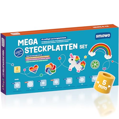 Smowo® 8 Bügelperlen Platten in vielen Formen - 5mm Steckplatten Set - Stiftplatten - Rund, Stern, Viereck, Sechseck, Herz, Blume