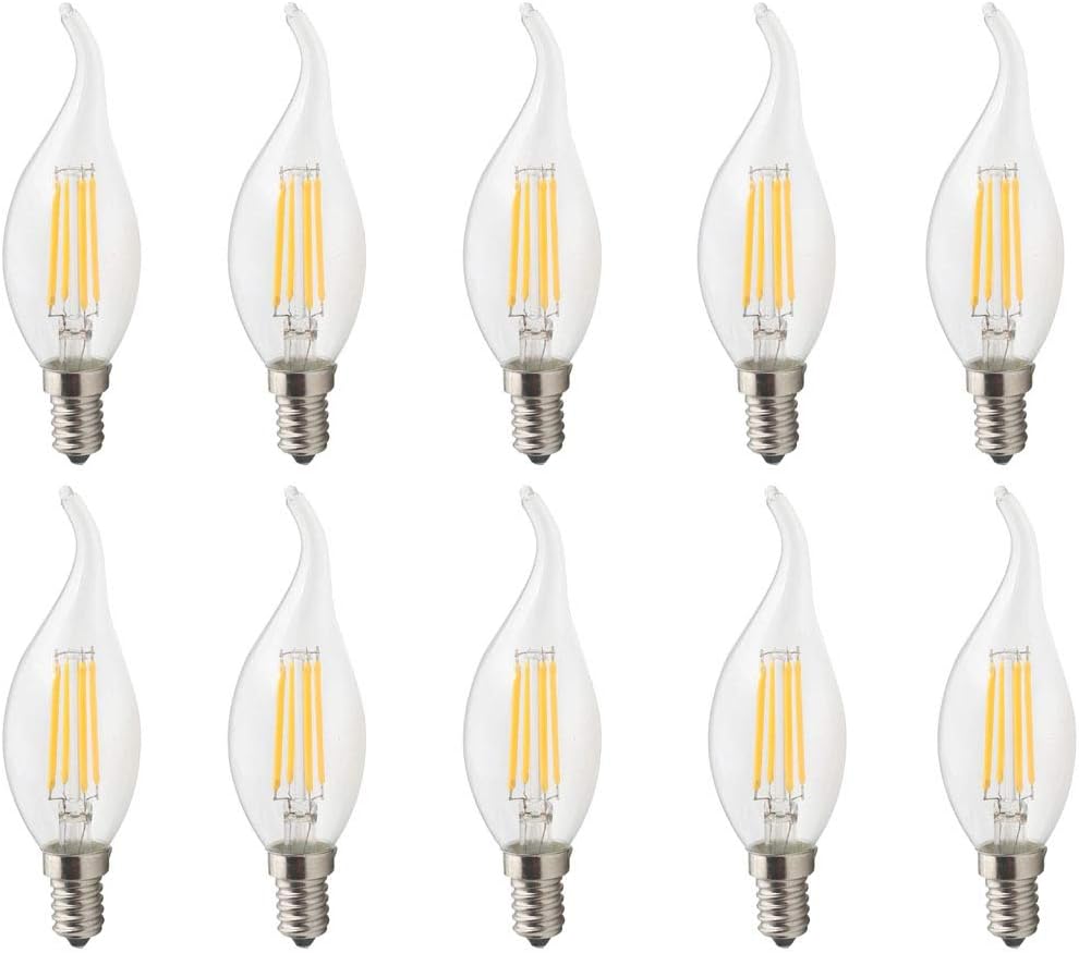 JCKing 10-Pack AC 110-130V E14 LED Dimmable Filament Vintage Flame Tip Light Bulb, 4W LED Flame Tip Bulbs, 40W Incandescent Bulbs Replacement, SES Candle Light Bulb for Chandelier Warm White