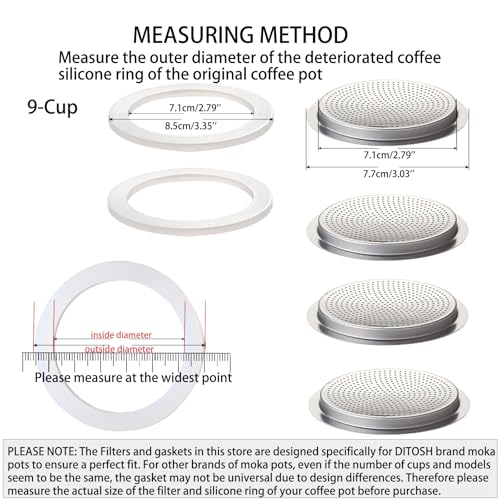 Image of 2 Pcs Filter with 3 Pcs Silicone Gasket Seals for 9 Cup Stovetop Espresso Coffee Maker Replacement Parts for Big Tummy and Straight Stainless Steel Moka Pot