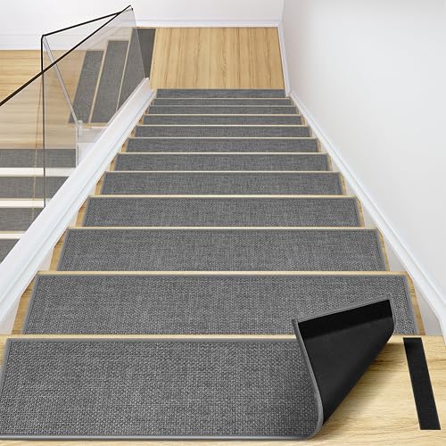 Image of Peel and Stick Carpet Stair Treads for Wooden Steps Set of 15, Non Slip Adhesive Jute Stair Mats Indoor, Rubber Backing Safety Step Pads Mats, Grey, 8"x30"