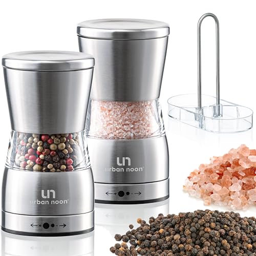 Salt and Pepper Grinder Set - Stainless Steel Pepper Grinder and Salt Grinder with Holder in Luxurious Gift-Box - Manual Mills with Ceramic Grinders and Adjustable Coarseness (Set of 2 plus Holder)