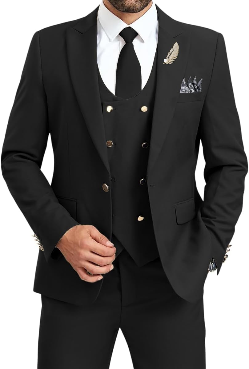 Men's Suits 3 Piece Double Breasted Slim Fit Suits for Men Business Wedding Prom Tuxedo Suit