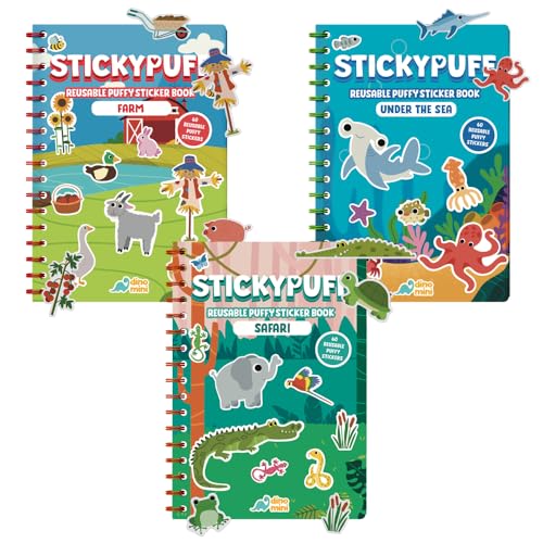 DINO MINI Stickypuff Value Pack - 3 Reusable Puffy Sticker Book for Toddlers - Puffy Stickers for Toddlers - Travel Activities for Kids Ages 4-8 - Screen Free Birthday Gifts (Animals)