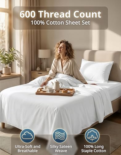 LANE LINEN Twin XL Sheets Set - 600 Thread Count Premium Sateen Weave for Hotel Quality Luxury - Extra Soft & Breathable Cotton Sheets Set for Single Beds - Fits Mattresses Upto 15\'\' Deep - White - Thumbnail 2