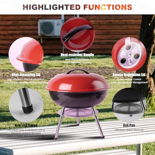 guogiyala Tragbare Holzkohlegrills – 35.6 cm kompakte Tischgrills, isolierte Deckelgrills, Camping, Picknicks, Hinterhöfe und Terrassen