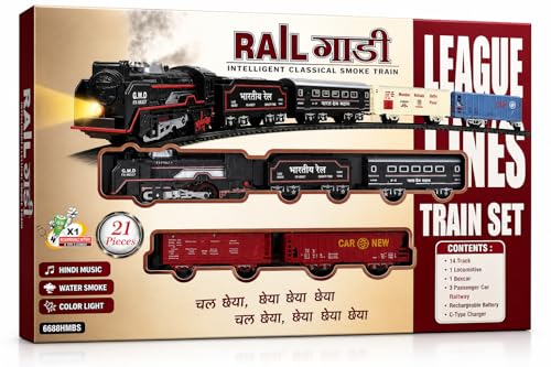 Image of Big Rail Gadi Railway Train Set for Boys | Rechargeable Electric Steam Engine with Multiple Coaches | Smoke, Sound & LED Light Effects Track Toy