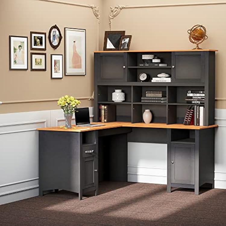 HOMCOM L Shaped Computer Desk with Hutch, 59 Corner Desk, Space Saving Home Office Desk with Storage Shelves, Drawer and Cabinet, Black
