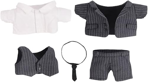 Miniatura 1 de niannyyhouse Conjunto de 5 piezas de ropa de muñeca de felpa de 7.8 pulgadas + camisa + chaleco + corbata + pantalones a rayas (negro, 7.9in)
