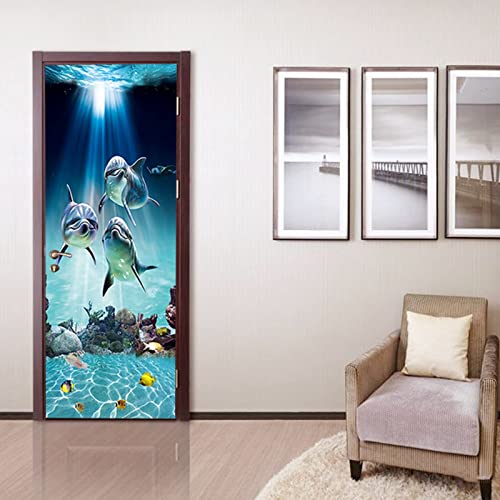 FLFK 3D Delfin Türtapete Selbstklebend Tür Poster Vinyl Entfernbar Wohnzimmer Mauer Aufkleber Zuhause Dekor 30.3Zoll x78.7 Zoll Cover