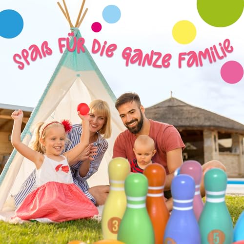 Pink Papaya XL Kegelspiel für Kinder - 12 teiliges Bowling Set, Outdoor & Indoor Spielzeug aus FSC-zertifiziertem Holz, schult & fördert Ihr Kind