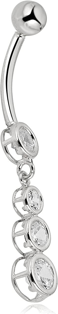 AVORA 10K Gold Simulated Diamond CZ Top Down Linear Dangling Belly Button Ring Body Jewelry (14 Gauge)