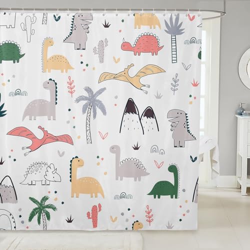 Image of Baby Dinosaur Bathroom Shower Curtain Set Kids Cartoon Dinosaurs Shower Curtain Nursery Dino Bath Curtain for Child Boys Girls Jungle Animals Waterproof Shower Curtain with Hooks Room Decor 72x84 Inch