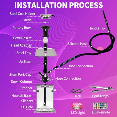 Hookah 2 Hose Hookah Set with Everything Modern Cube Hookahs Shisha Hookah With Hookah Accessories LED Lights Hookah Bowl (Black) - Image 4