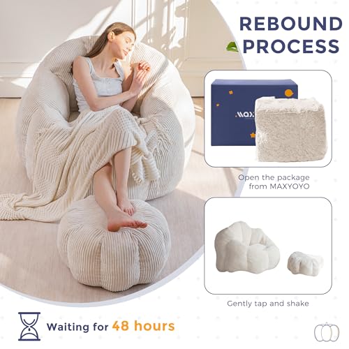 Image of MAXYOYO Giant Bean Bag Chair with Ottoman, Pumpkin-Shaped Bean Bag Sofa with Footstool, Oversized Boneless Couch Chair in a Box, Comfy and Lazy Lounge for Dorm, Living Room, Bedroom, Beige