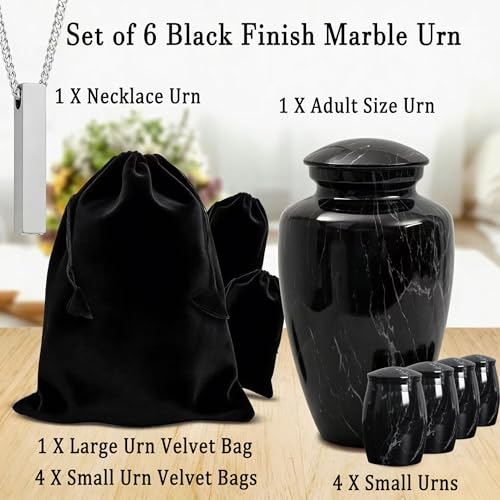 Image of Black Marble Finish Cremation Urn Set for Human Ashes Adult | 6 Piece Funeral Memorial Urns Include 1 Large Urn, 4 Small Sharing Urns & 1 Ashes Necklace for Dad Mom Grandpa Grandma Family