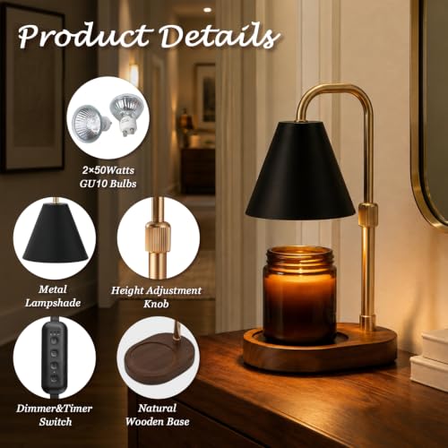 SOKCVSEA Candle Warmer Lamp Timer Height Adjustable | Birthday Gifts for Women Mom Gifts, House Warming Gifts New Home Decor, Wax Melt with 2 Bulbs Blacks - image 5