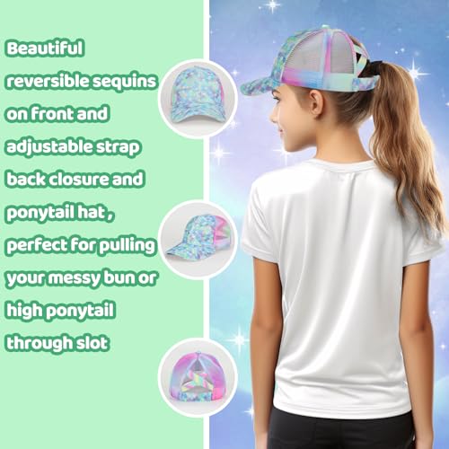 Girls Glitter Baseball Cap Criss Cross Hat, Girl Ponytail Hat - Kids Baseball Cap with High Bun Messy Ponytail (Ages 5-15)4