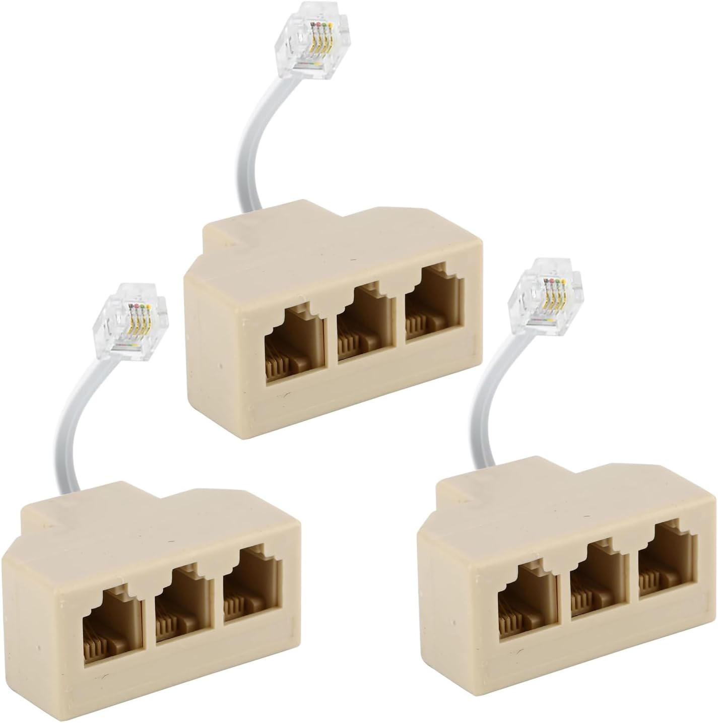 RJ11 Cable 3 Way Telephone Splitter 3 Pack, Beige, Splitter 6P4C Connector Phone Line Cord Adapter with Cable for Landline Telephone Wire, Suitable for Telephone, Fax Machine