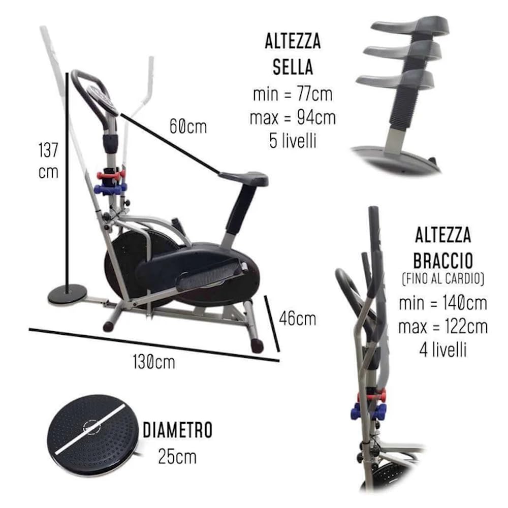 FFitness Cyclette Ellittica Volano 5kg, Ellittica Home trainer 2 in 1, Bici da camera, monitor LCD, pesetti e disco torsione inclusi