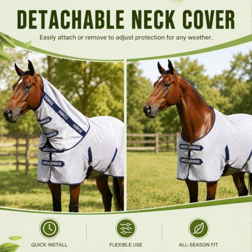 Image of Horse Summer Sheet Breathable Mesh Blanket with Neck, Size 76 Light Gray | Full Neck Coverage, Adjustable Chest Belly and Leg Straps, Lightweight Sun Cover for Pasture Stable Turnout and Travel