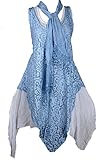  Damen XXL Florentiner Spitze Lagenlook Sommer Twinset 3tlg Kombination Kleid Tunika Shirt Schal 38 40 42 44 46 S M L XL Blau Weiß Party Urlaub (44)