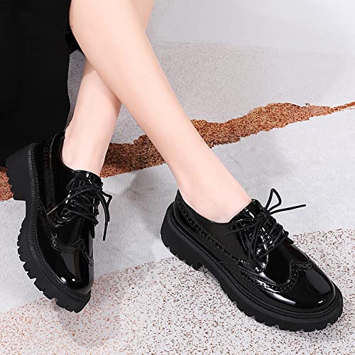 Image of Womens Vintage Oxford Shoes Platform Lace-up Round Toe Patent Leather Brogues Casual Oxfords for Girls Ladies Women