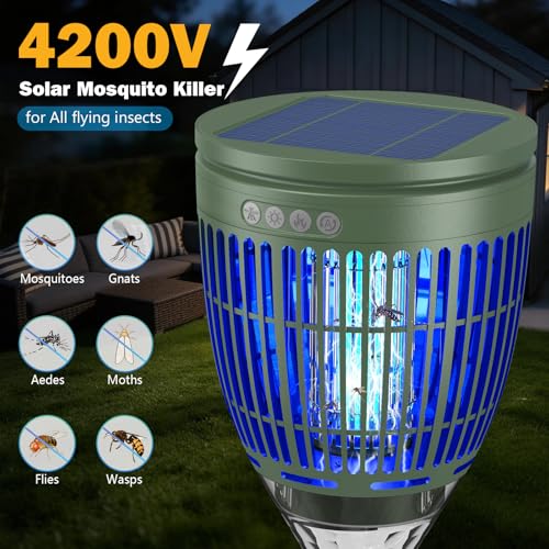Image of All in 1 Solar Bug Zapper Outdoor, Flame & Projection Mode, Auto /Manual Modes, 4200V Electric Mosquito Killer with High Powered, IPX5 Waterproof Rechargeable Fly Insect Trap for Patio Garden Yard RV
