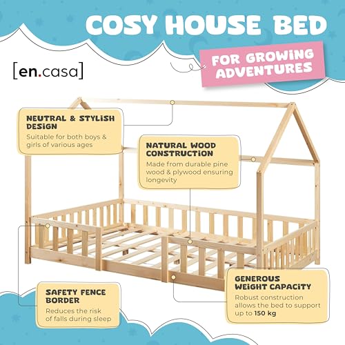 [en.casa] Children's bed Sisimiut House bed 120 x 200 cm with fall-out protection Slatted frame Pine Wood look