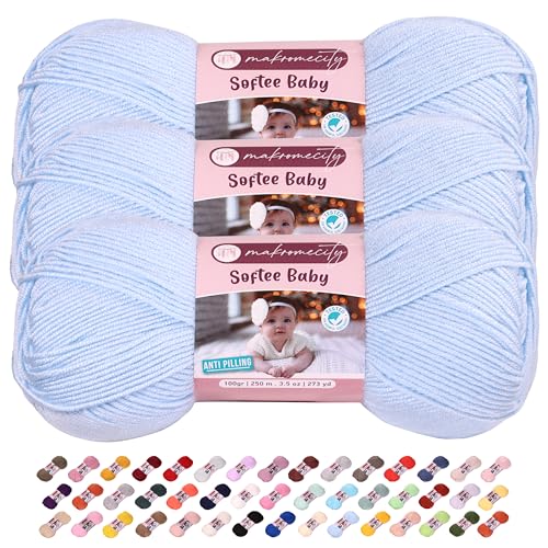 Image of 3 Skeins of Makromecity Softee Baby Yarn,%100 Premium Anti-Pilling Acrylic, 3.5 Oz, 273 yd (100gr /250 mt) Each, Soft Yarn for Crocheting and Knitting (Baby Blue, 3 Skeins)