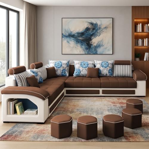 Image of Casaliving Yamir Modern U-Shaped Sectional Sofa Set with Storage, 9 Seater, Sofa Couch with 4 Puffy for Hall Guest Room (Brown & Grey) Premium Fabric Sofa Set