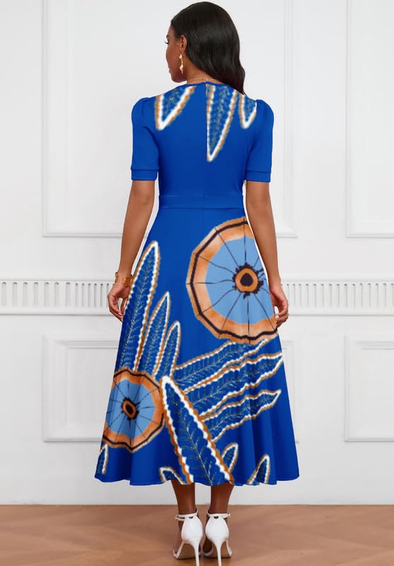 Image of MarryUP Women's Midi Dresses - V Neck Cocktail & Church Tea Dresses - Short Sleeve A-Line Swing Dress