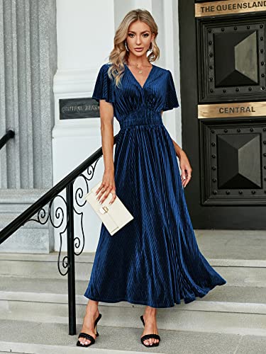 Image of Simplee Women's V Neck Velvet Maxi Dress Short Sleeve Empire Waist Long Formal Dress for Wedding Guest