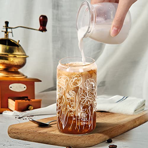 Lvoetgif Floral With Butterfly Iced Coffee Glasses With Bamboo Lids And Straw, Wildflower Drinking Beer Can Shaped Cup, Line Flowers Aesthetic Birthday Gifts For Women, Mom, Best Friend, Wife #TOP1