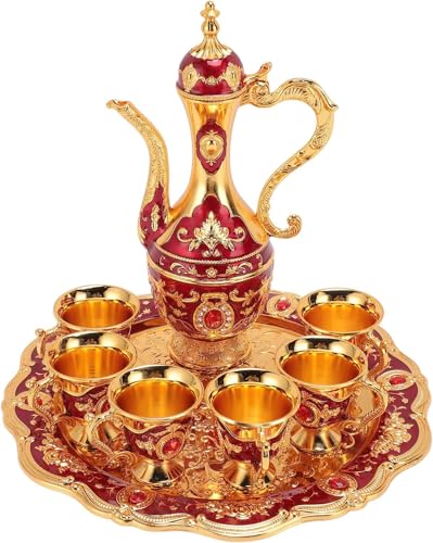 Leopacat Turco caffè tè Set,Vintage Teiera Turca Marocchina con Vassoio e 6 Tazze da tè in Metallo Stile Europeo per Bere Vino Casa Bar Partito Regalo di Nozze di Artigianato Ornamento