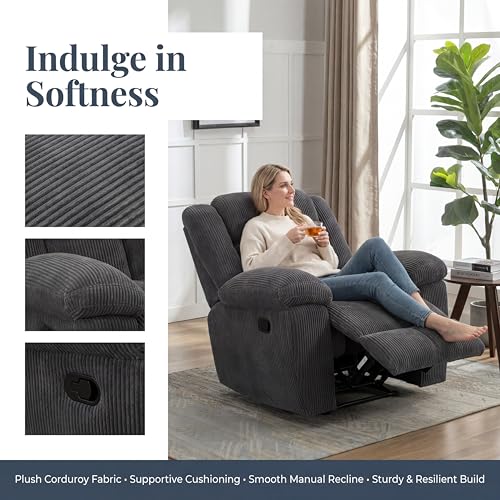 Image of Oversized Corduroy Recliner Chair, Manual Lazy Boy Recliner with Home Theater Seating, Breathable Living Room Reclining Chair for Adults Reading, Gaming, Relax, Dark Gray