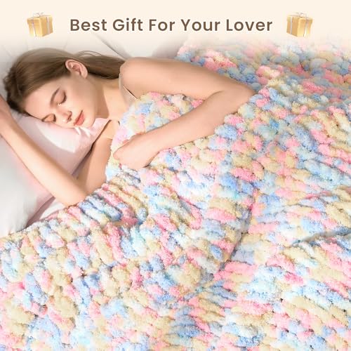 Image of L'AGRATY Chunky Knit Throw Blanket for Couch, 60 x 80 Inches, Rainbow