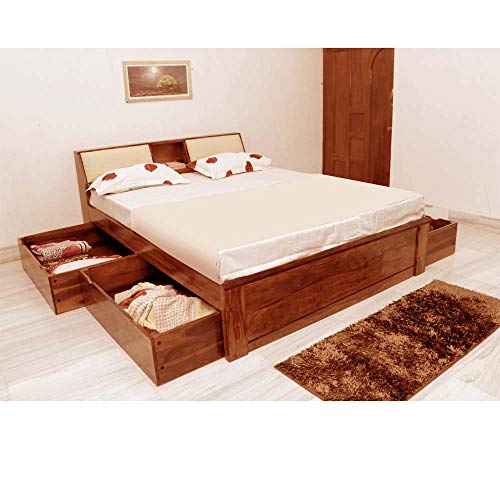 Image of APRODZ Sheesham Wood Allure Bed with Storage (Queen Size, Teak Finish)