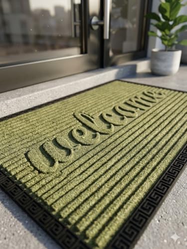 Image of Heavy Duty Front Door Mat 2x3 Feet, Outdoor Indoor Welcome Mat, Non Slip Dirt Trapper Entrance Rug for Entryway, Patio & Porch,Washable Low Profile Welcome Mat (Green Welcome 2 x 3 Feet)