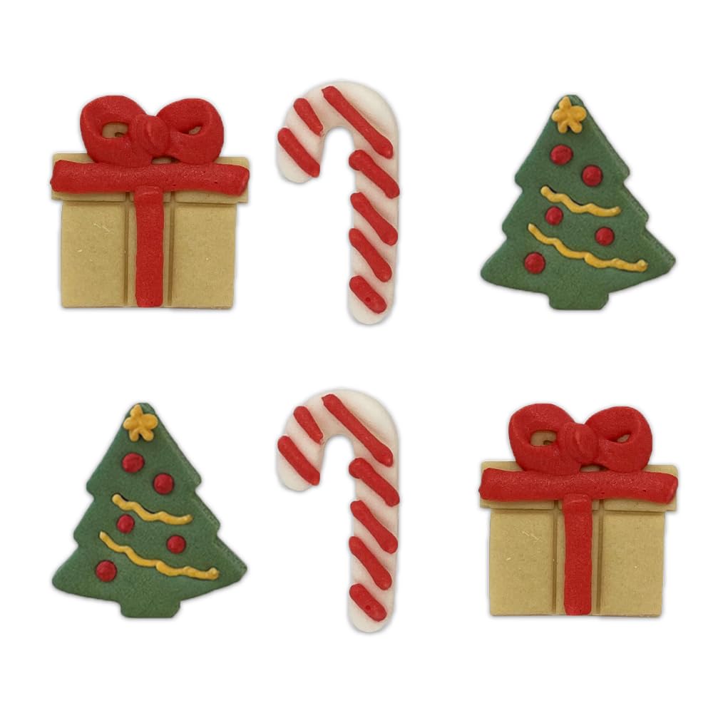 Anniversary House Christmas Selection Edible Cake Toppers - Handcrafted Fondant Sugar Decorations for Cupcakes, Muffins & Themed Cakes - Xmas Decorations of trees, candy canes and presents, 5cm