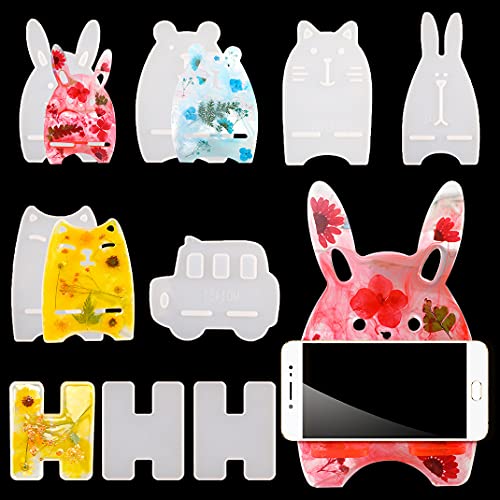 DIYBravo 9 PCS Phone Stand Resin Moulds 6 Styles Cell Phone Holder Silicone Epoxy Resin Moulds for DIY Craft Rabbit/car/Bear/cat Shape