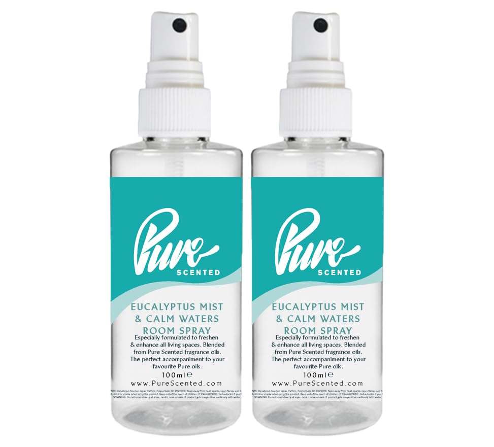 "Pure Scented 200ml Room & Fabric Sprays 2 x 100ml Suitable For Home, Car, Caravan, Work, Gym Bags, Odour Eliminators (2 x 100ml, Eucalyptus Mist & Calm Waters)"