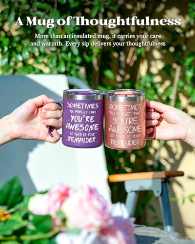 avodvo Inspirational Coffee Mug for Women, 12oz Insulated Stainless Steel Mug with Handle & 2 Lids – Sometimes You Forget You’re Awesome, Birthday & Appreciation Gift for Friend, Coworker, Purple - image 9