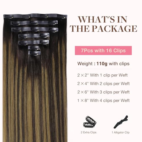 Image of GOO GOO Clip in Hair Extensions Real Human Hair, Remy Human Hair Extensions Clip ins for Women, Natural Human Hair, 18inch 110g 7Pcs, 2 /6 /2 Balayage Dark Brown to Chestnut Brown