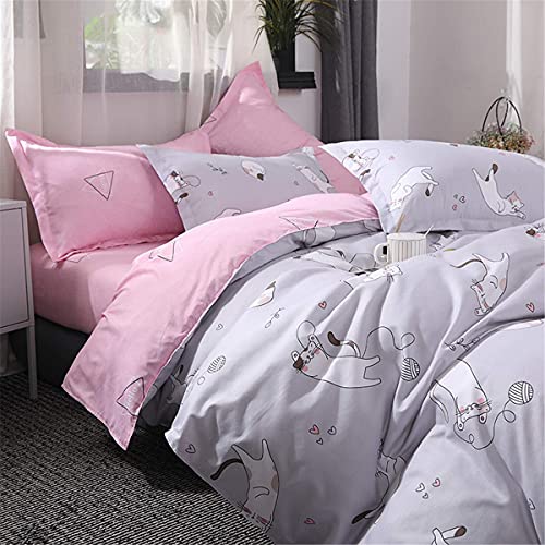Omelas Girls Grey Bedding Duvet Cover Set Queen Full Size Kids Lovely Cats Playing With Pink Geometry Reversible Quilt Cover Super Soft Microfiber Bedding,2 Pillow Shams,Zipper Closure(Kamm,Q) #TOP1