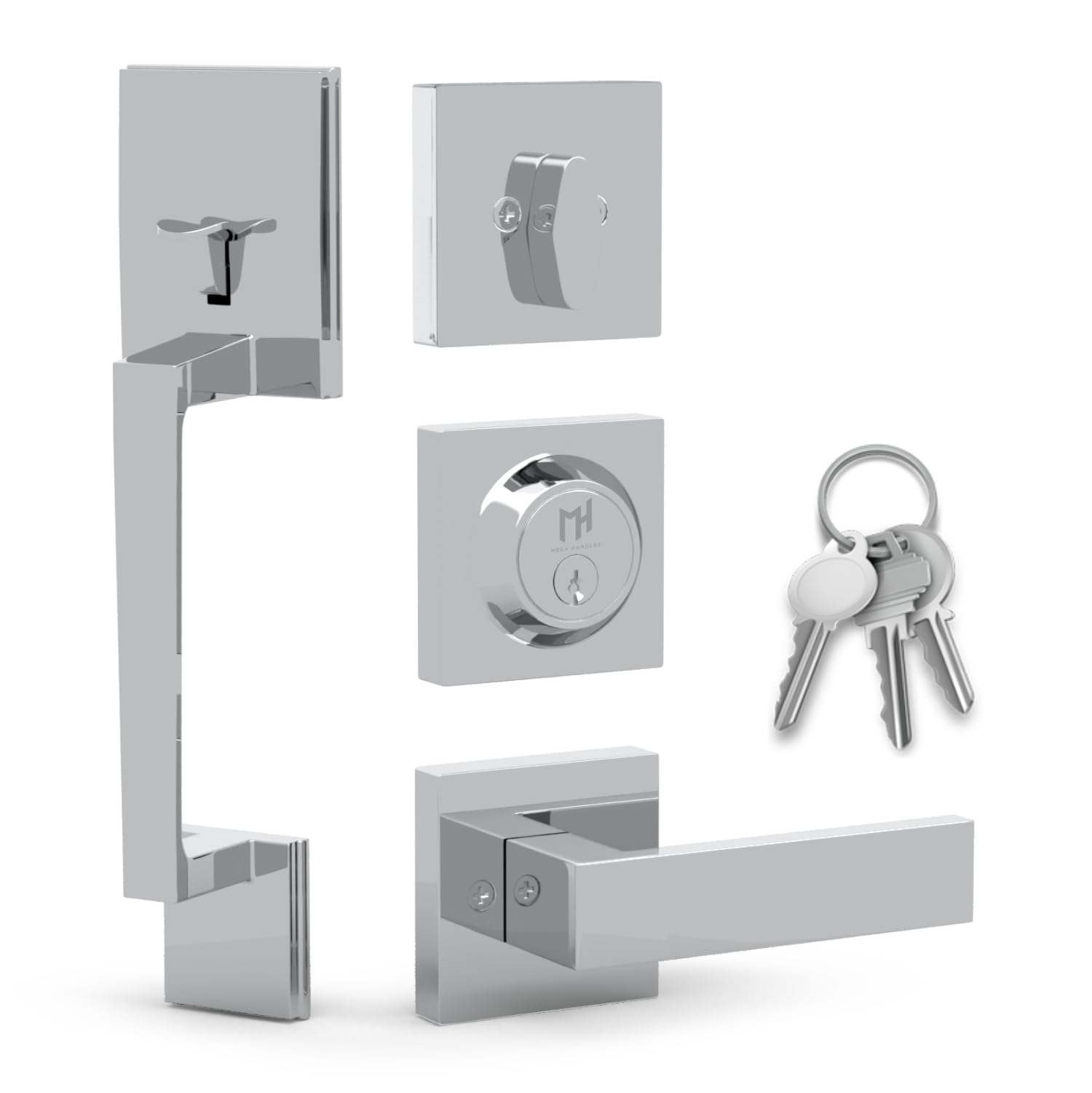 Mega Handles TOBELLE - Juego de manijas de puerta de entrada en acabado de níquel satinado - Juego de manijas de un solo cilindro con palanca para puertas de entrada y delanteras - Manijas modernas