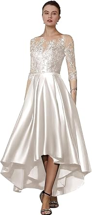 Yuxin High Low Mother of The Bride Dresses with Pocket for Wedding 2025 3/4 Sleeve Lace Satin Formal Evening Gowns 895