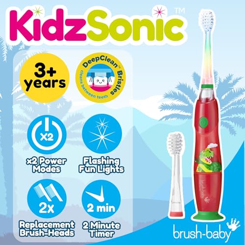 Brush-Baby - Dinosaur KidzSonic Kids Electric Toothbrush, 3+ Years - DeepClean Bristles, Suction Base - Fun Design with Flashing Disco Lights - 2 x Replacement Heads & 1 x AAA Battery - Image 2
