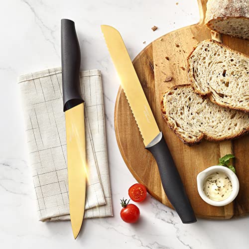 Image of Marco Almond Gold Knife Set With Block KYA23, 14 Pieces Stainless Steel Chef Cutlery Knives Set for Kitchen with Acrylic Stand